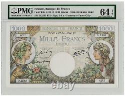1000 Francs 1941-44 Pick# 96b France, Banque de France PMG 64 EPQ Choice UNC