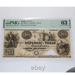 1839-41 PMG CHOICE UNC 63 REPUBLIC OF TEXAS AUSTIN $20 Dollar Note #43164F