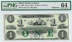 1860s NEWPORT, RI $1 NEW ENGLAND OBSOLETE COMMERCIAL BANKNOTE PMG CHOICE UNC 64