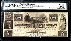 1860s WEST VIRGINA $5 JAMES RIVER KANAWHA CO. OBSOLETE NOTE PMG CHOICE UNC 64