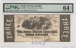 1863 $3 State of North Carolina, Raleigh Obsolete Note Choice Unc CU 64 EPQ PMG