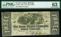 1863 Raleigh, Nc $3 State Of North Carolina Obsolete Note Pmg Choice Unc 63