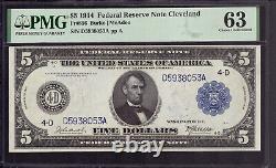 1914 $5 FEDERAL RESERVE NOTE CLEVELAND FR. 856 BURKE McADOO PMG CHOICE UNC CU 63