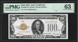 1928 $100 Hundred Dollar Gold Certificate Note Fr. 2405 PMG 63 CHOICE UNC BEAUTY