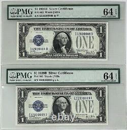 1928-B Fr. 1602 $1 Silver Certificates Consecutive Pair, PMG 64-EPQ Choice Unc