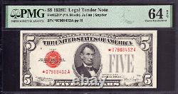 1928 E $5 Legal Tender Red Seal Star Note Fr. 1530 Pmg Choice Unc 64 Epq