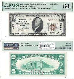 1929 $10 Wood County National Bank Of Wisconsin Rapids, WI PMG Choice Unc-64 EPQ