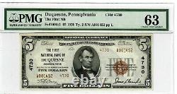 1929 $5 Fr1800-2 Duquesne PA Low Serial Number A001452 PMG CU-63 Choice UNC 2030