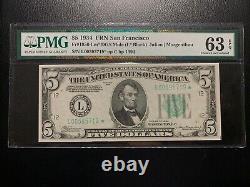 1934 $5 Five Dollar Star FRN PMG CU63 EPQ Choice UNC FR. 1956-Lm DGS L Mule