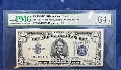 1934c $5 Silver Certificate Wide (na Block) Pmg 64 Epq Choice Unc- Lot Cur 17