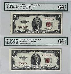 1953 Fr. 1509 $2 Legal Tender US Notes Consec. Pair PMG very Choice Unc. 64-EPQ