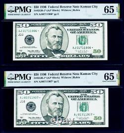 $50 1996 Federal Reserve Star Note KC 2 Consecutive Serial # PMG 65 EPQ Gem UNC