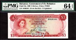 Bahamas 3 Dollars 1965 Pick-19a Choice UNC PMG 64 EPQ