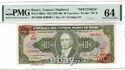 Brazil (1953-60) 10 Cruzeiros Banknote Specimen TDLR P159b PMG Choice Unc 64