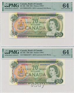 CANADA 2 NOTES IN A ROW $20 DOLLARS 1969 BC50b WB5534776-7 PMG 64 CHOICE UNC