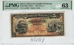Mexico 1914 5 Pesos PMG Certified Banknote Choice UNC 63 S465a Train ABNC M561a