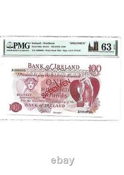 PMG63EPQ Choice UNC Bank of Ireland 1978 SPECIMEN £100.00 prefix A000000