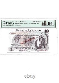 PMG64EPQ Choice UNC Bank of Ireland 1971 SPECIMEN £10.00 prefix U000000 RARE