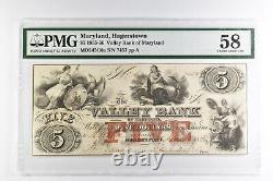 PMG Choice About Unc 58 $5 1855-56 Hagerstown Valley Bank Of Maryland Note 8245