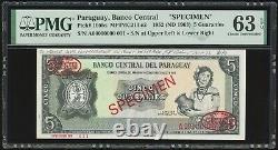 Paraguay Banco Central 5 Guaranies Specimen 25-3-1952 PMG Choice UNC 63 EPQ 195b