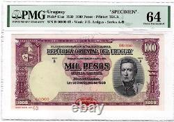 Uruguay 1000 Pesos 1939 Banknote Specimen TDLR P#41as PMG Choice Unc 64